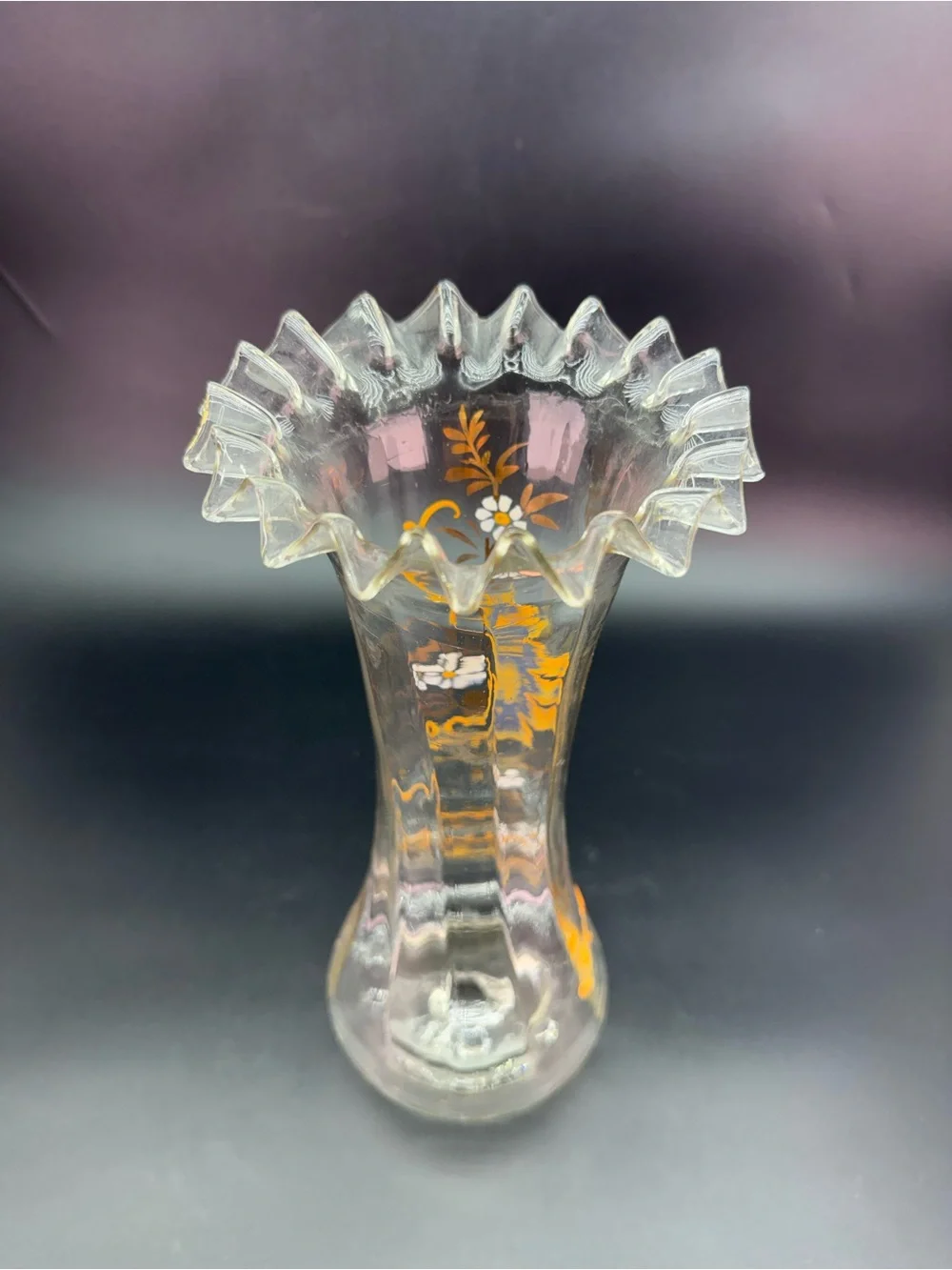 Antique Moser Handblown Handpainted Art Glass Fluted Vase